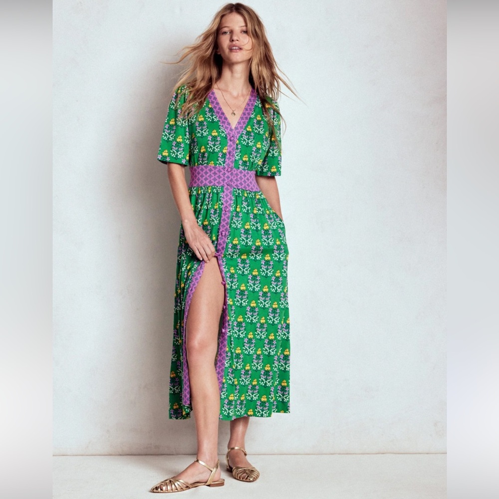 Green Floral Midi Dress with Pink Trim Natalia jersey tea dress size 8